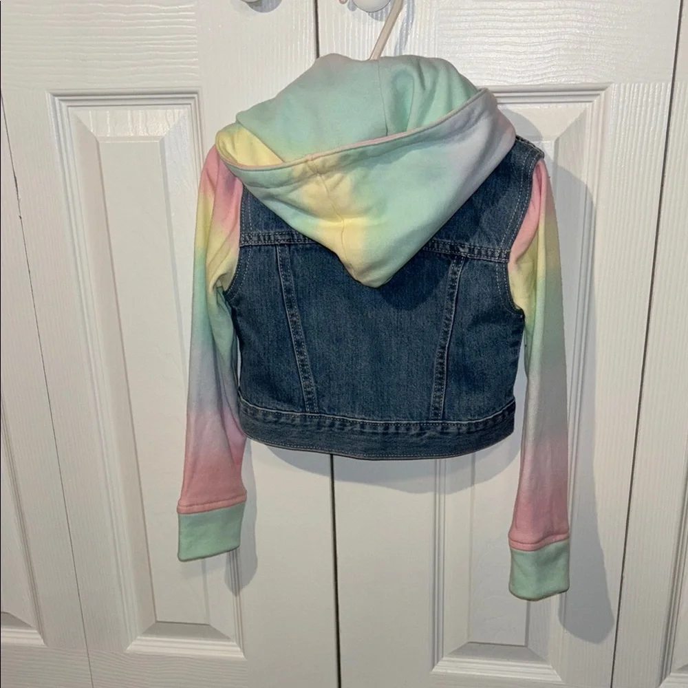 THE PLACE Blue and Pink Cropped Jean Jacket with Hood size 4